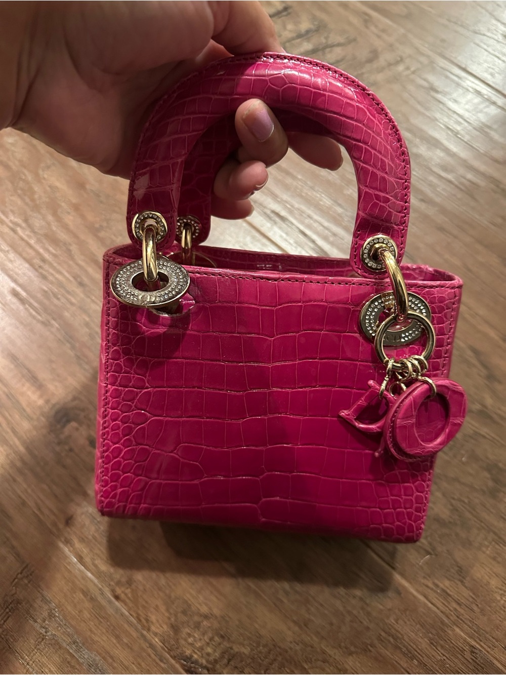Pink Croc-Embossed Top-Handle Bag